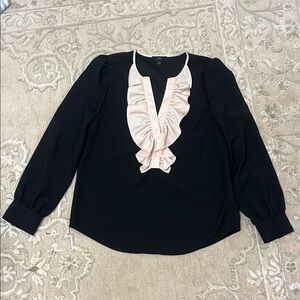 J. Crew Black and White Ruffled 3/4 Sleeve Blouse